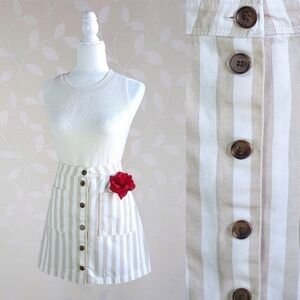 Old Navy Vertical Striped A-Line Button Front Midi Skirt White Tan Size 8